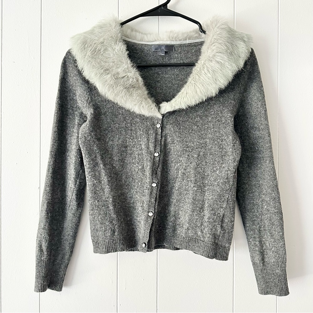 Jessie gray fur neckline wool blend knit cardigan, xsmall-small